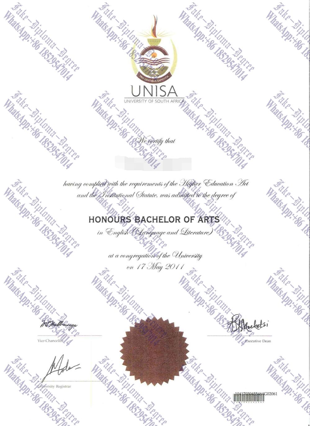 Buy fake University of South Africa Degree