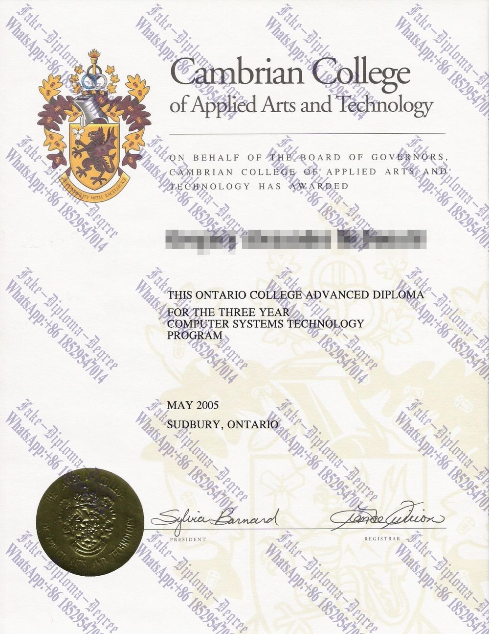 Fake Cambrian College of Applied Arts and Technology Degree