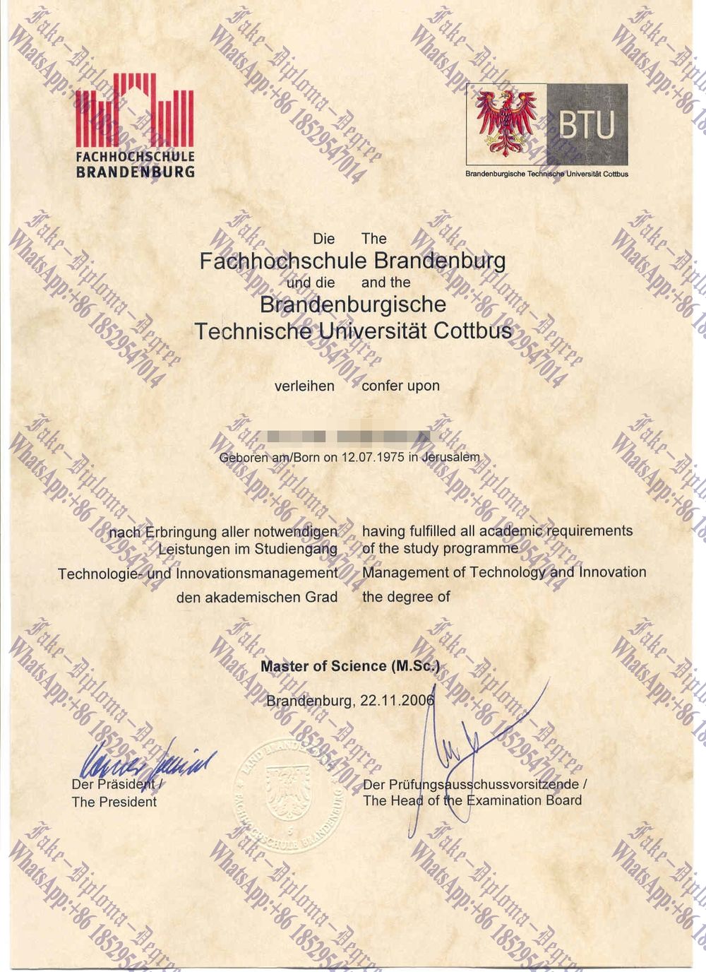 Fake Fachhochschule Brandenburg Diploma