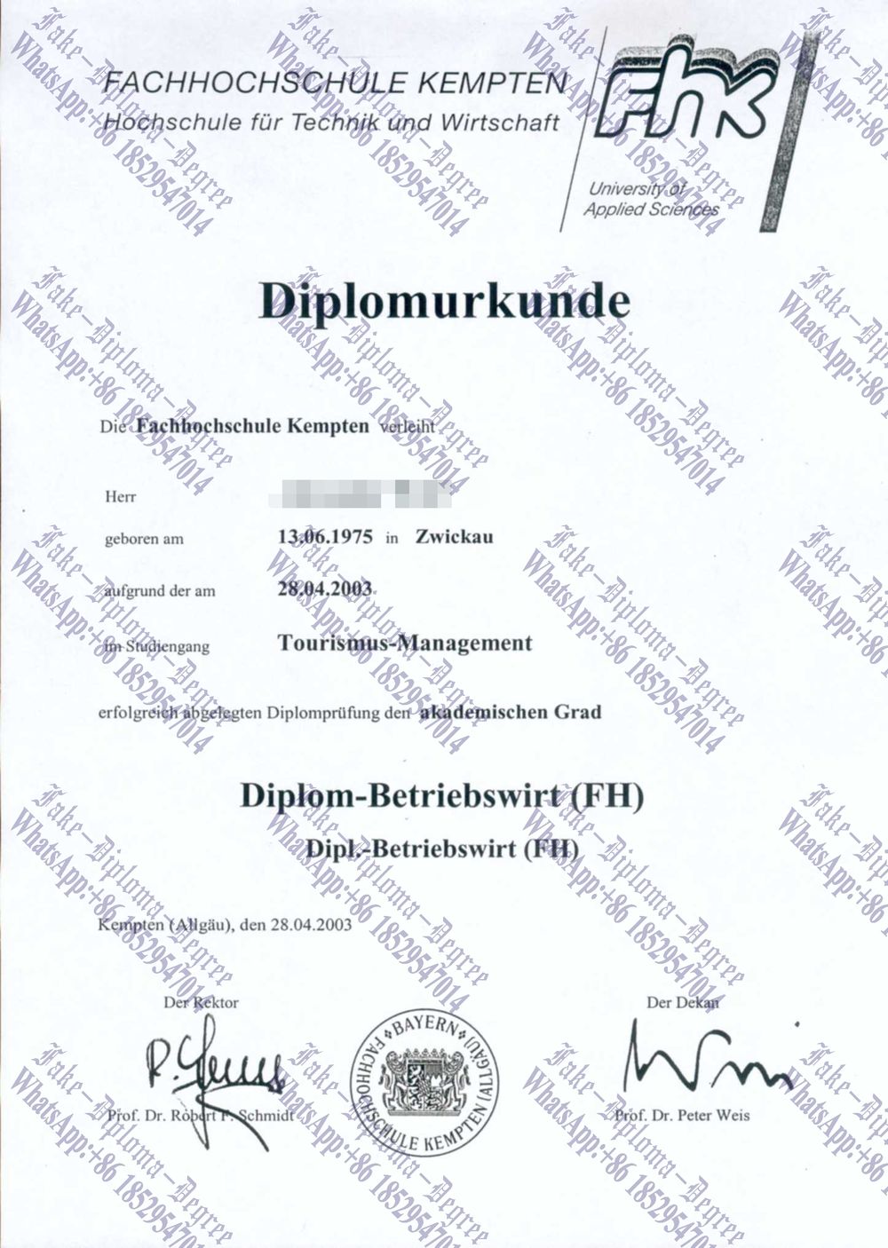 Fake Fachhochschule Kempten Diploma