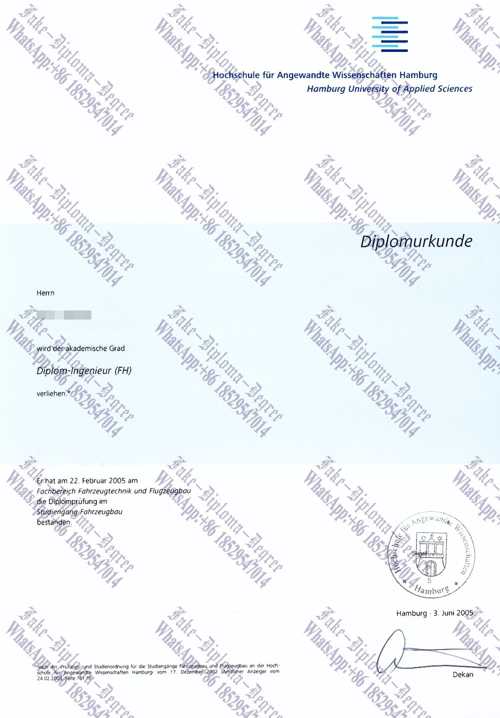 Fake Hochschule für angewandte Wissenschaften Hamburg Degree