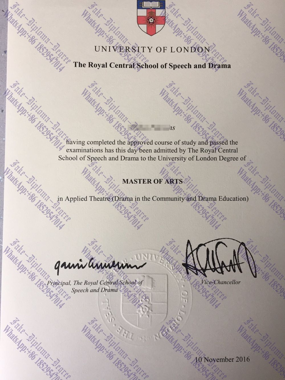 Fake Royal Central School of Speech and Drama Diploma