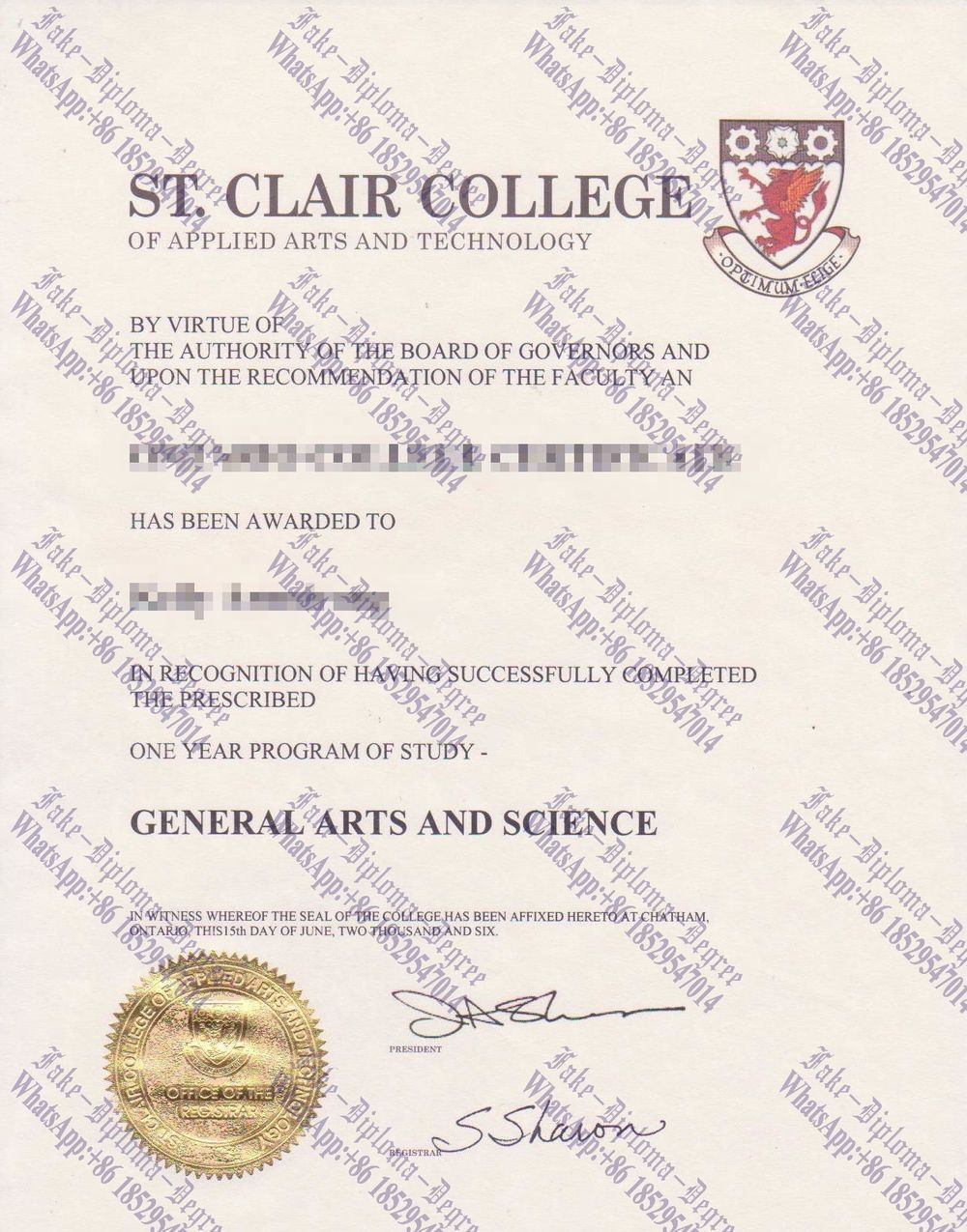 Fake St. Clair College of Applied Arts and Technology Diploma