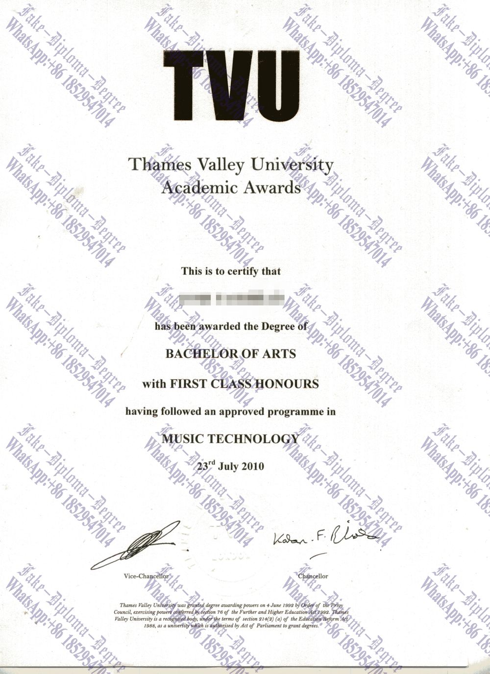 Fake Thames Valley University Diploma