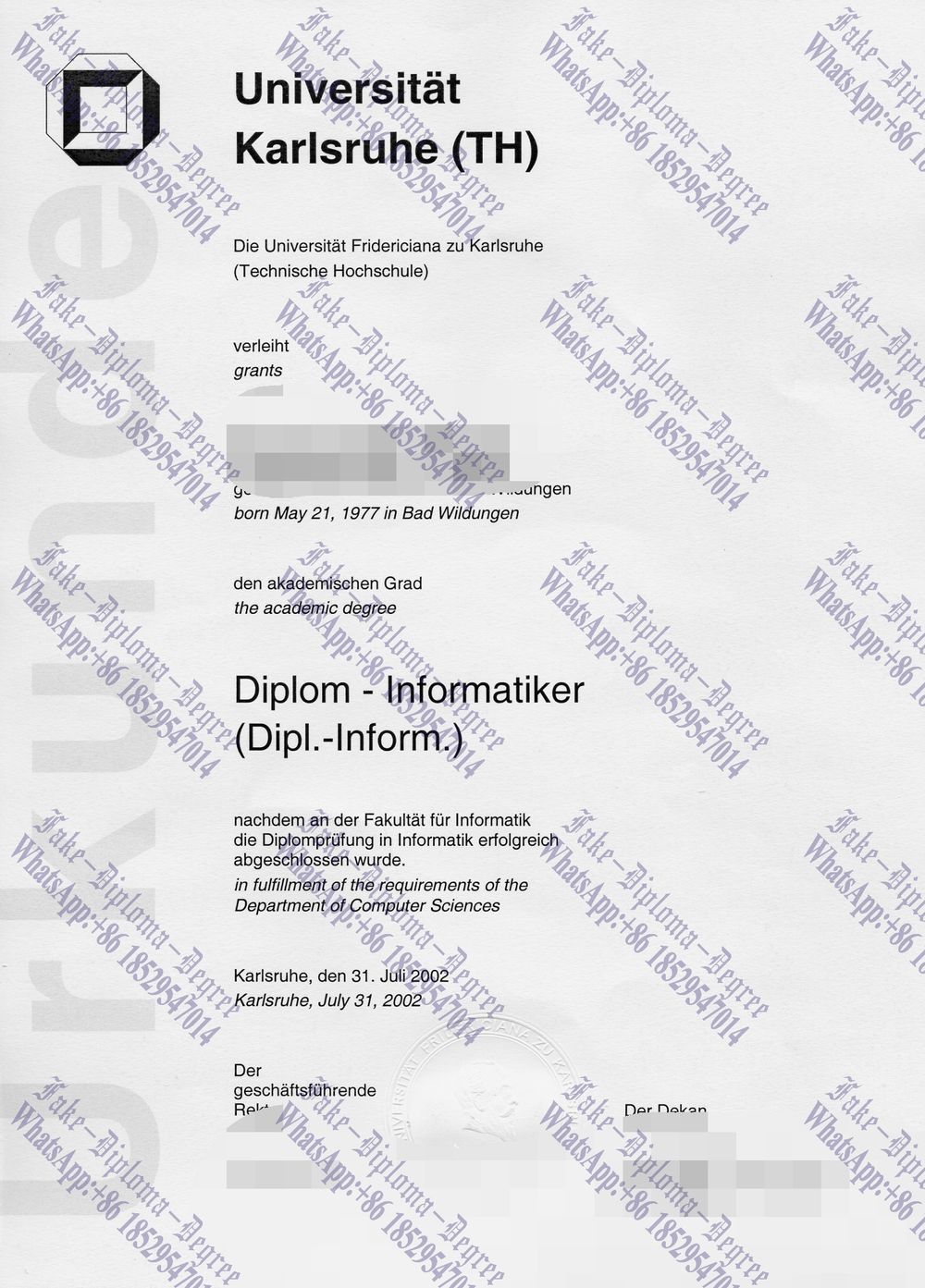 Fake Universitat Karlsruhe Diploma