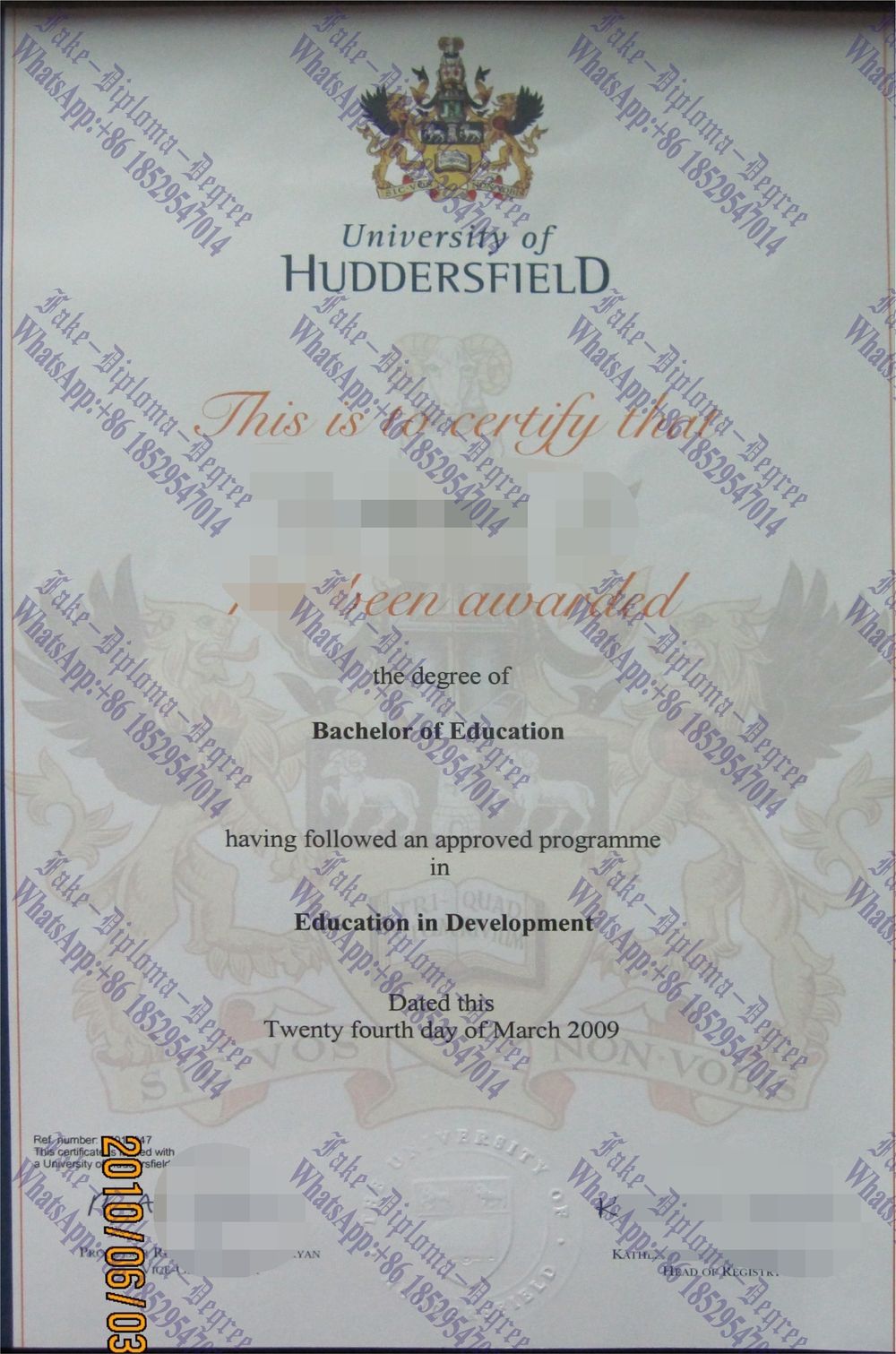 Fake University of Huddersfield Diploma