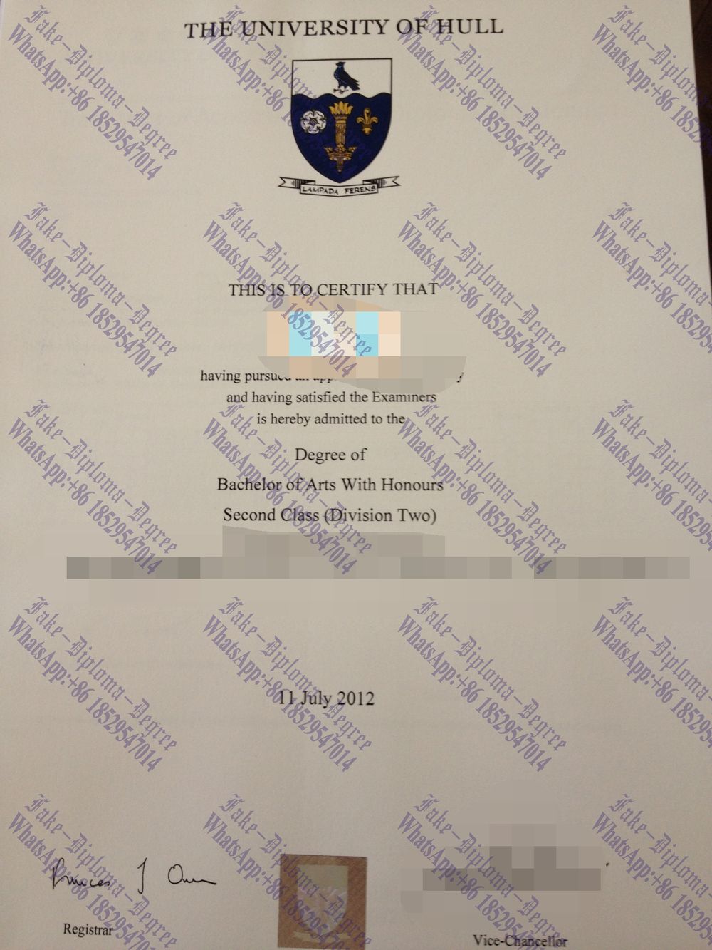 Fake University of Hull Diploma