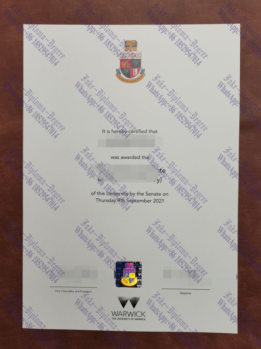Fake University of Warwick Diploma