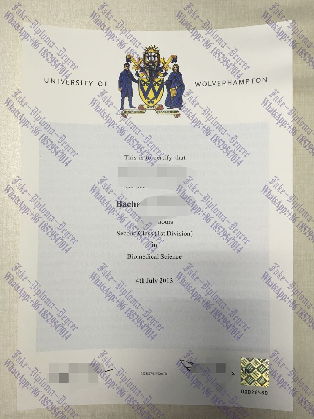 Fake University of Wolverhampton Diploma