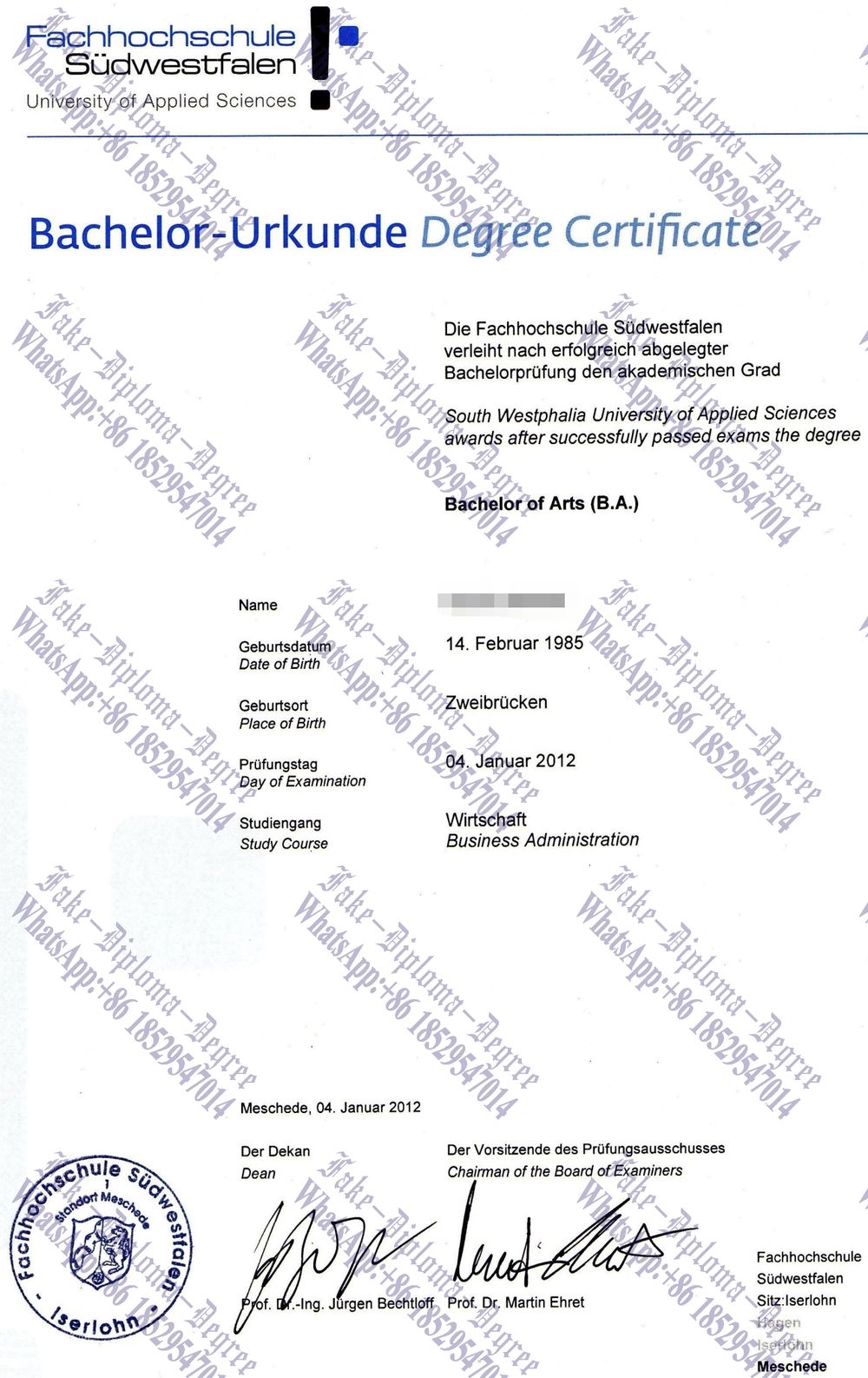Make fake Fachhochschule Südwestfalen Degree