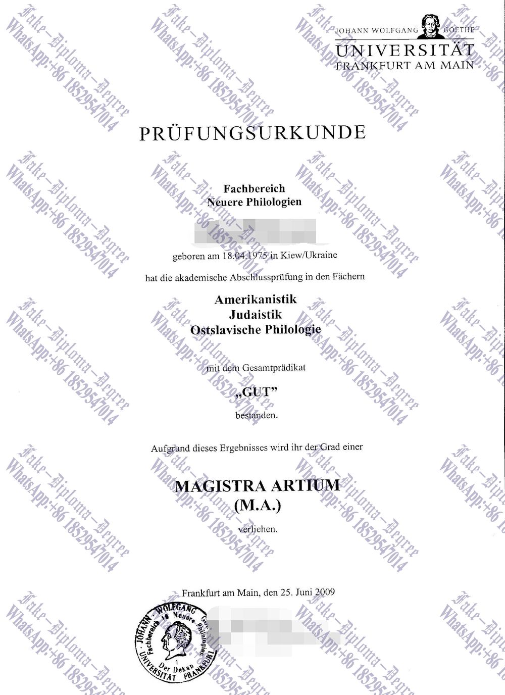 Purchase fake Johann Wolfgang Goethe Universitat Diploma