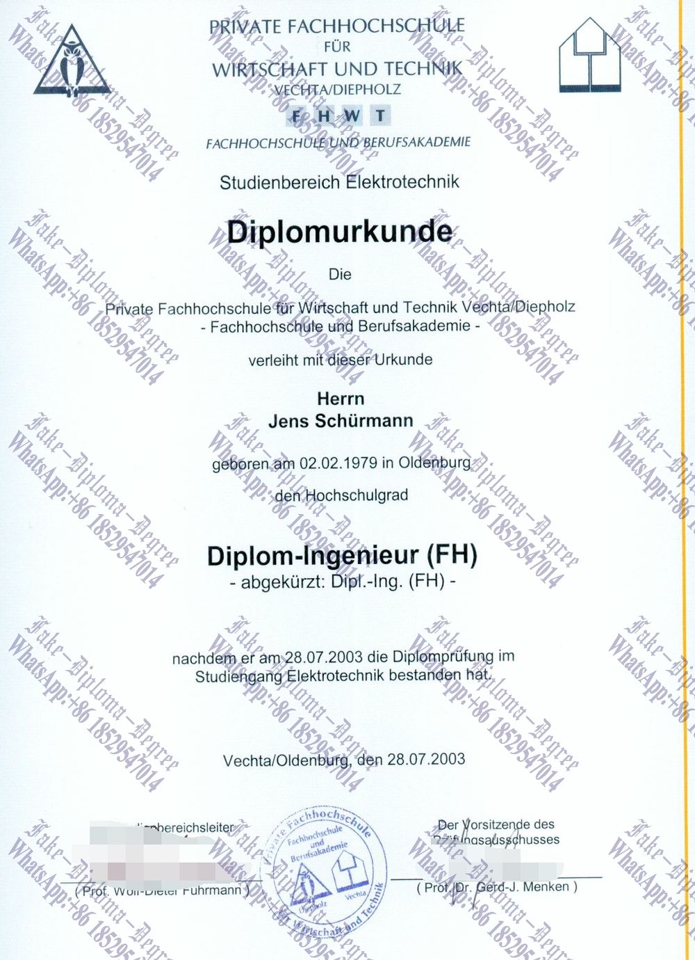 Purchase fake Private Fachhochschule für Wirtschaft und Technik Vechta Diepholz Diploma