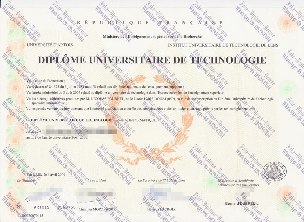 Purchase fake University of Artois School of Lens Technology Diploma