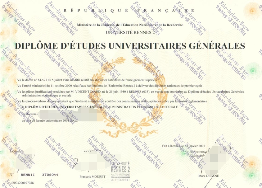 Purchase fake Université Rennes 2 DEUG Degree