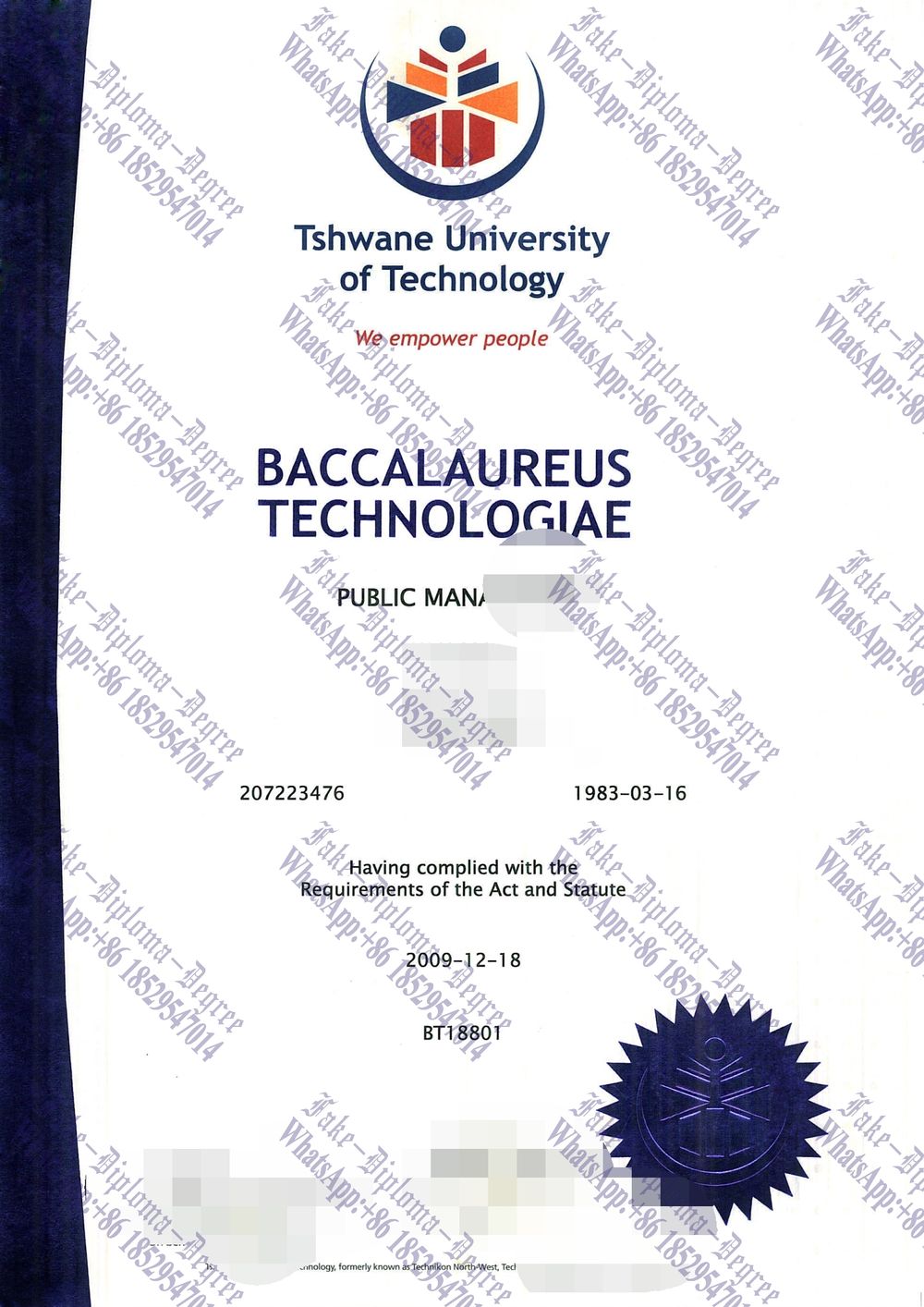 Where to order fake Tshwane University of Technology Degree